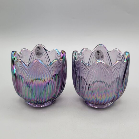 Fenton Purple Carnival Glass Iridescent Glass Tulip Lotus Candleholders Set Of 2 - Picture 1 of 8